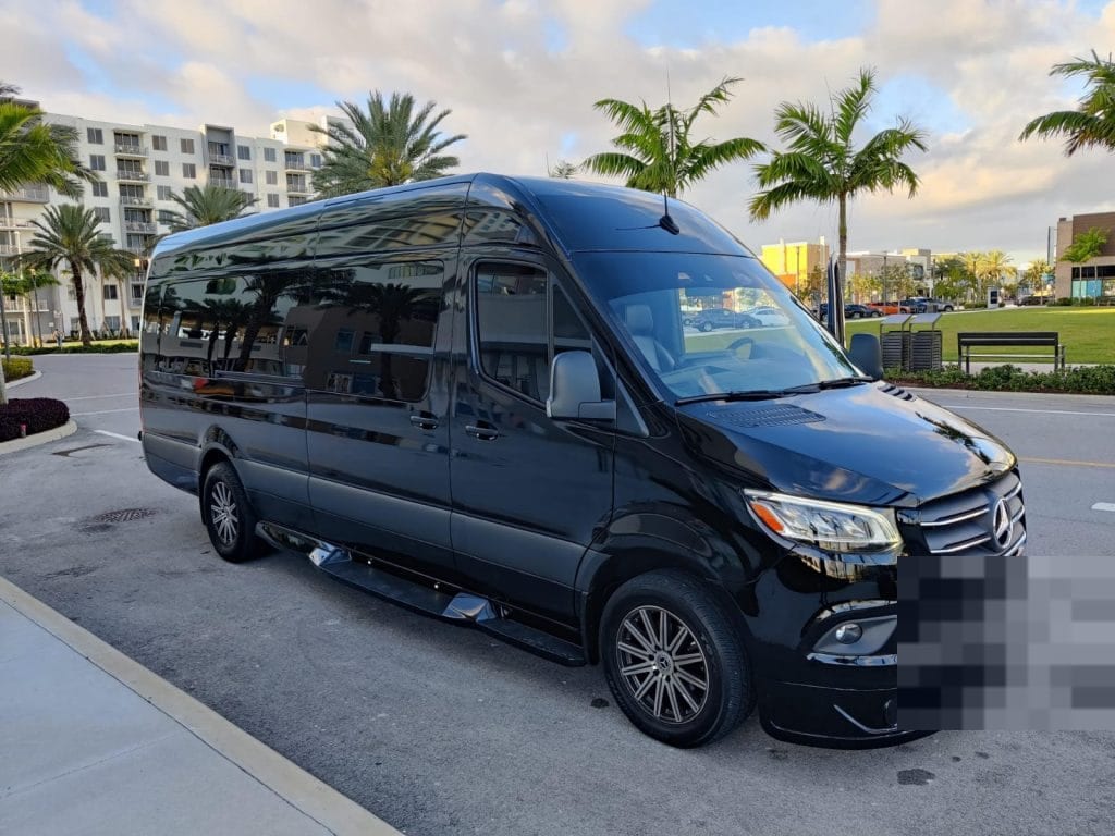 Black Mercedes Jet Sprinter limo with first-class seating