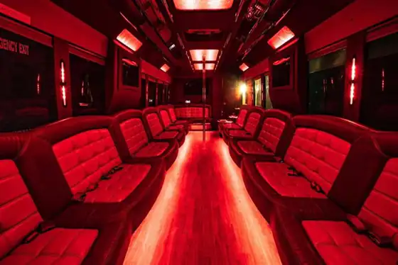 50-passenger party bus interior with red leather seating